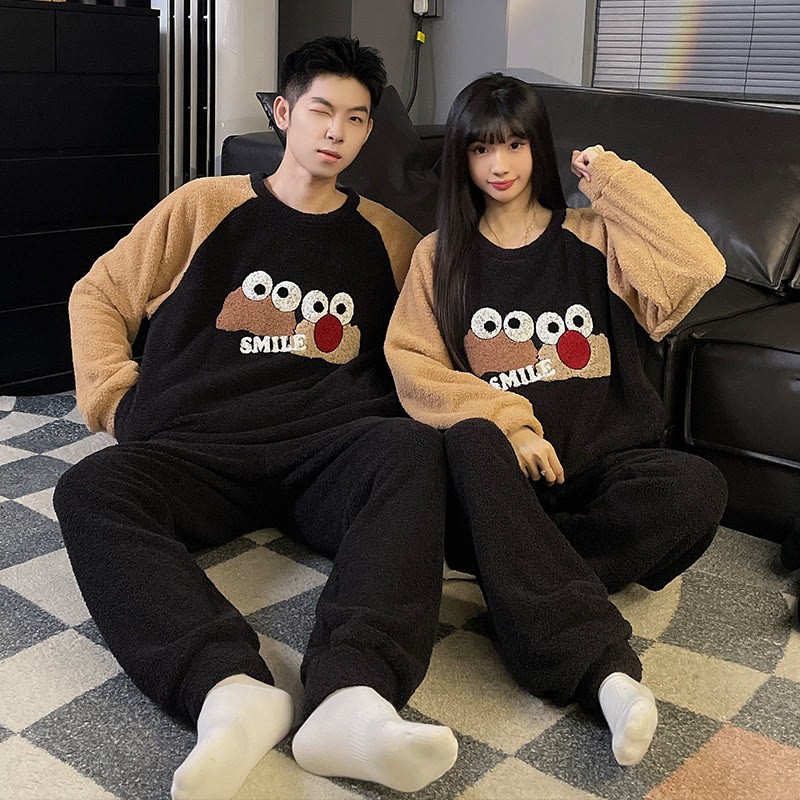 Niedliche Paar-Pyjamas aus Korallenfleece mit Cartoon-Motiv - Khaki Smile - Men:3XL - image 11