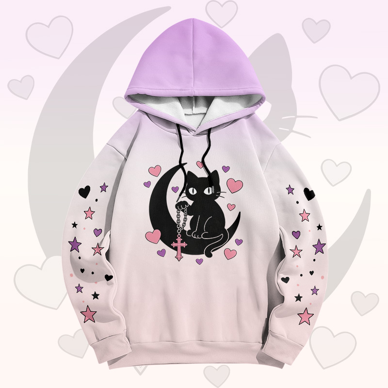 Modakawa Pullover-Hoodie mit Farbverlauf, schwarzer Katze und Mond-Grafik - Purple B - 6XL - image 2