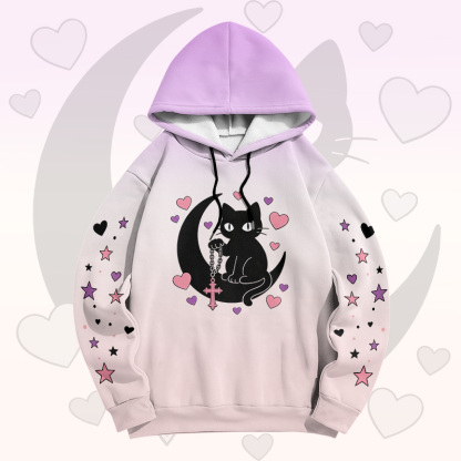 Modakawa Pullover-Hoodie mit Farbverlauf, schwarzer Katze und Mond-Grafik - Purple B - 6XL - image 2