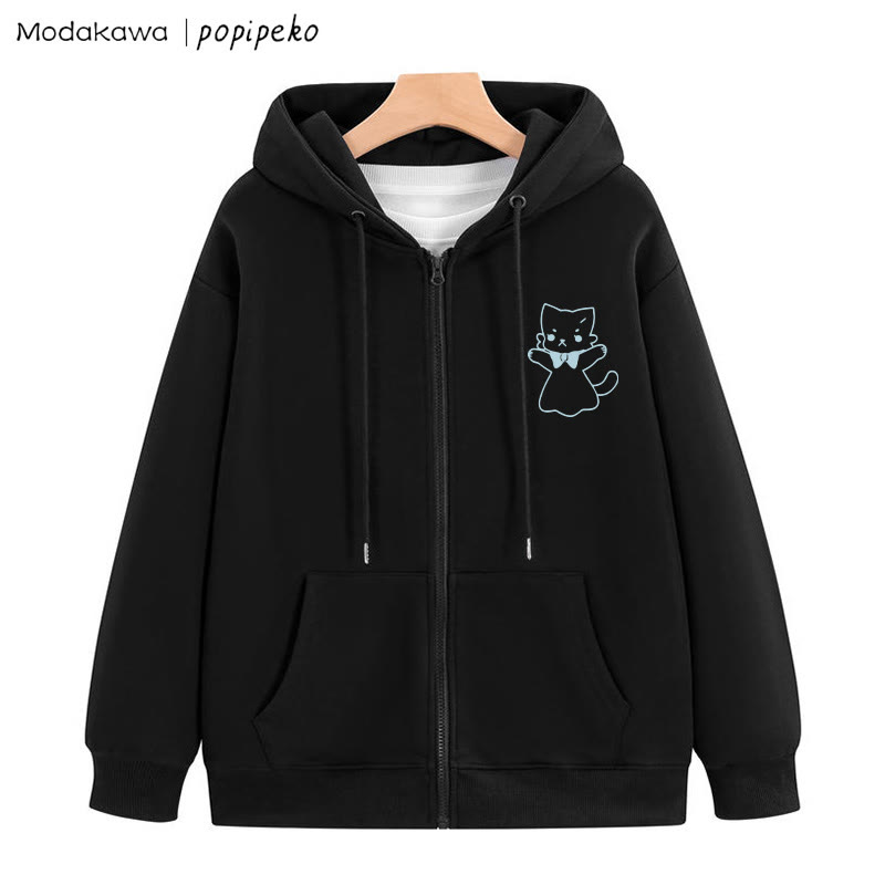 MODAKAWA X popipeko Open Arms Kitty Graphic Zip Up Hoodie Sweatshirt - Black - 5XL - image 5