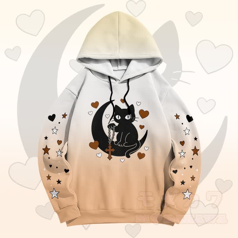 Modakawa Pullover-Hoodie mit Farbverlauf, schwarzer Katze und Mond-Grafik - Khaki - 6XL - image 8