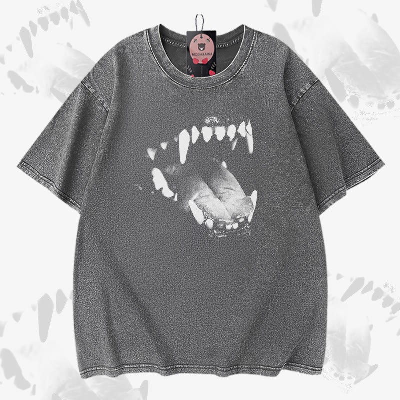 Modakawa Vintage-T-Shirt aus 100 % Baumwolle mit Hundezahn-Motiv - Grey - 5XL - image 3