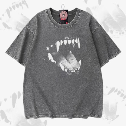 Modakawa Vintage-T-Shirt aus 100 % Baumwolle mit Hundezahn-Motiv - Grey - 5XL - image 3