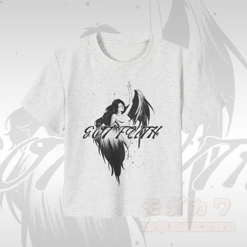 MODAKAWA GOT FAITH Damen-Crop-Top mit Engelsmotiv, 92 % gekämmte Baumwolle - Weiß - XL - image 3