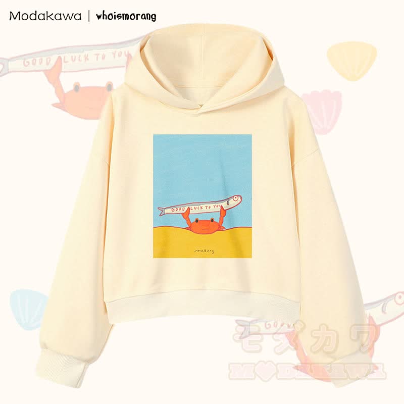 MODAKAWA X whoismorang GOOD LUCK TO YOU – Kurzer Baumwoll-Hoodie mit Krabbenmotiv und Fischmotiv - Aprikose - 3XL - image 3