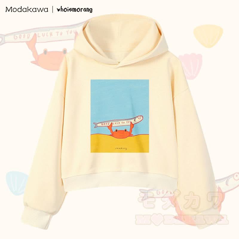 MODAKAWA X whoismorang GOOD LUCK TO YOU – Kurzer Baumwoll-Hoodie mit Krabbenmotiv und Fischmotiv - Aprikose - 3XL - image 3
