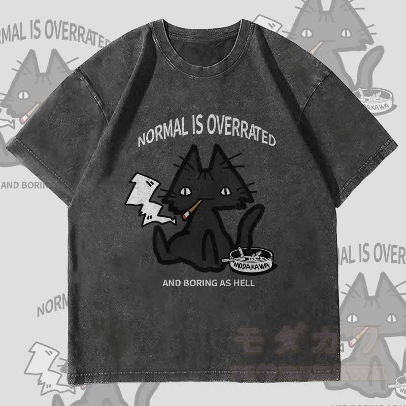 MODAKAWA NORMAL IST ÜBERBEWERTET Rauchende Katze Grafik Unisex Vintage Washed T-Shirt - Schwarz - 4XL - image 4