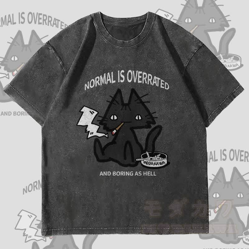 MODAKAWA NORMAL IST ÜBERBEWERTET Rauchende Katze Grafik Unisex Vintage Washed T-Shirt - Schwarz - 4XL - image 4