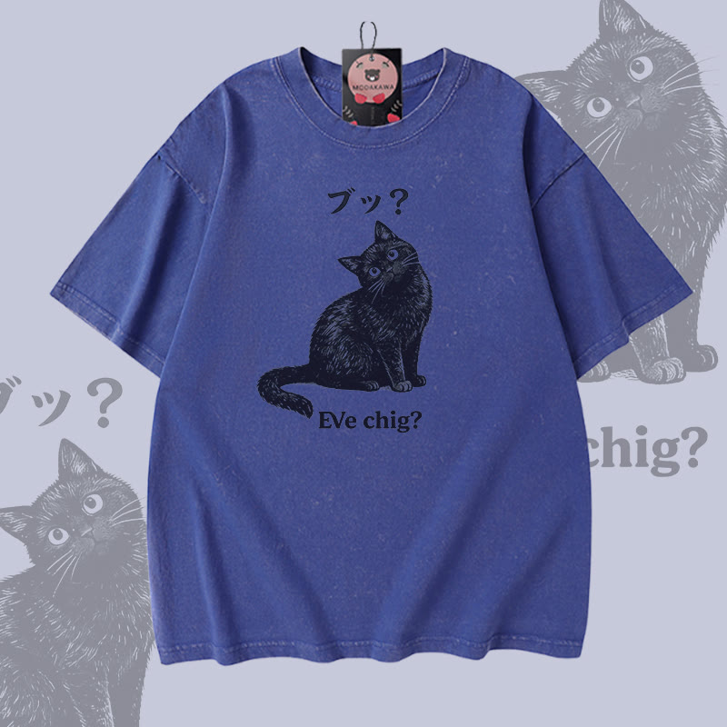 EVE CHIG Katzenmotiv Modakawa Vintage gewaschenes T-Shirt aus 100 % Baumwolle - Blue - 5XL - image 4