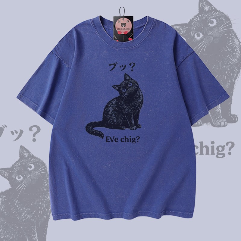 EVE CHIG Katzenmotiv Modakawa Vintage gewaschenes T-Shirt aus 100 % Baumwolle - Blue - 5XL - image 4