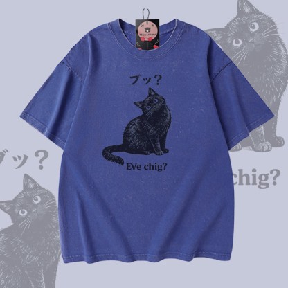 EVE CHIG Katzenmotiv Modakawa Vintage gewaschenes T-Shirt aus 100 % Baumwolle - Blue - 5XL - image 4