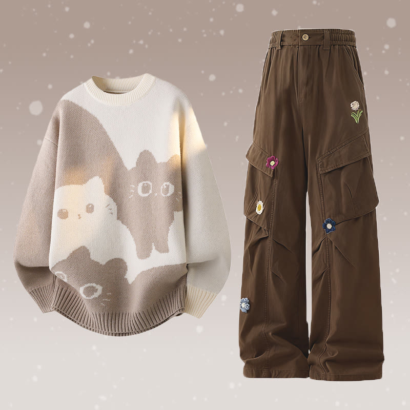 Zweiteiler mit Katzenmotiv, Strickpullover und Blumen-Cargohose - Set B - 2XL - image 2
