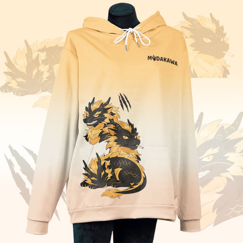 MODAKAWA Pullover-Hoodie mit rauchendem Drachen-Grafikprint - Yellow - 8XL - image 3