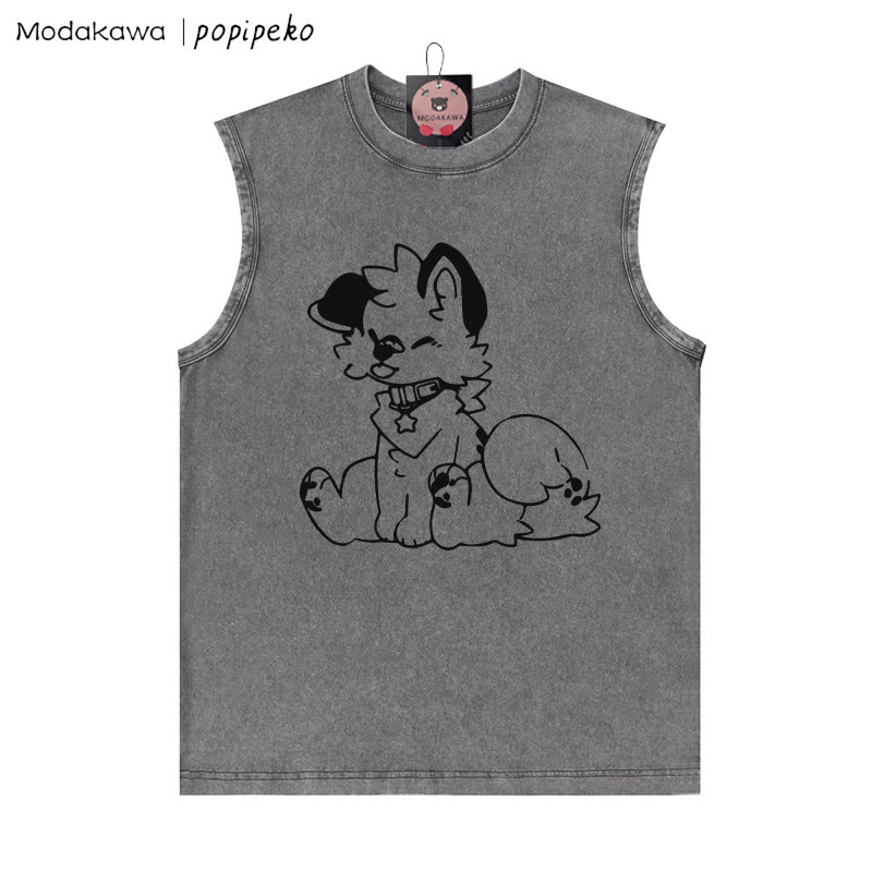 Unisex-T-Shirt mit Welpen-Grafik und herausgestreckter Zunge, Vintage-Waschung, ärmellos - Grau - 2XL - image 3