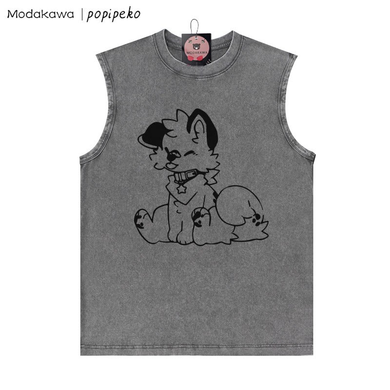 Unisex-T-Shirt mit Welpen-Grafik und herausgestreckter Zunge, Vintage-Waschung, ärmellos - Grau - 2XL - image 3