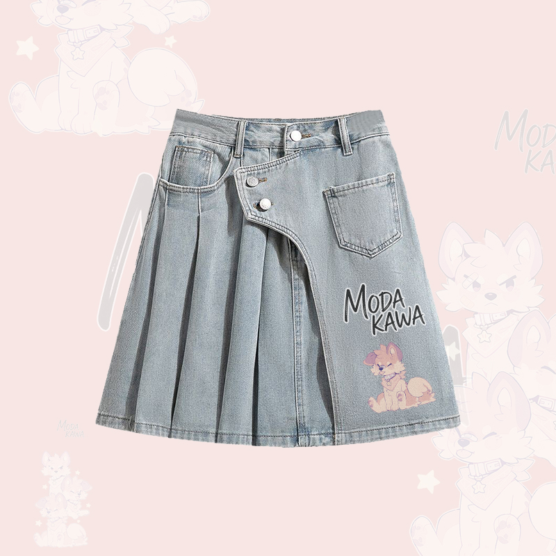 MODAKAWA X popipeko Oversized Button Up Shirt und Asymmetrischer Jeans-Plisseerock, passendes Outfit - Blue Skirt - XL - image 3