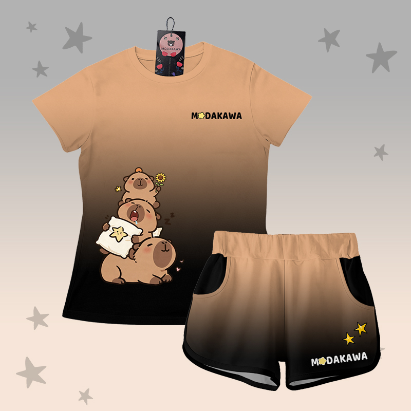 T-Shirt mit Farbverlauf und Capybara-Grafik, Shorts mit Buchstabengrafik von Modakawa, passendes Outfit - Brown & Black Set - 5XL - image 2