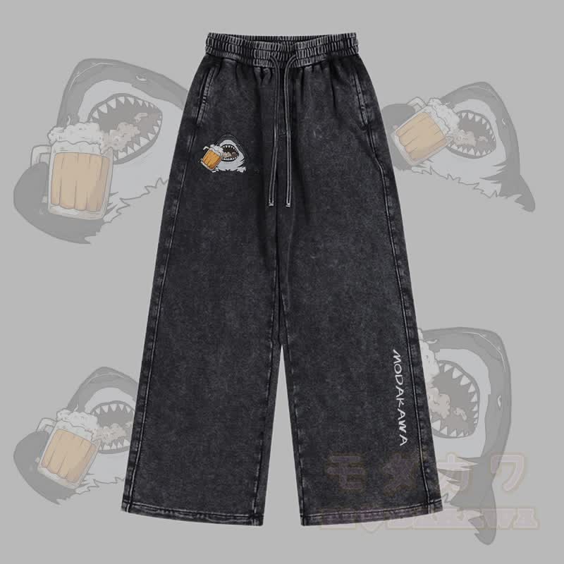 MODAKAWA Hose mit Hai-Bier-Motiv, Vintage-Waschung, verstellbarem Saum - Schwarz - 2XL - image 3