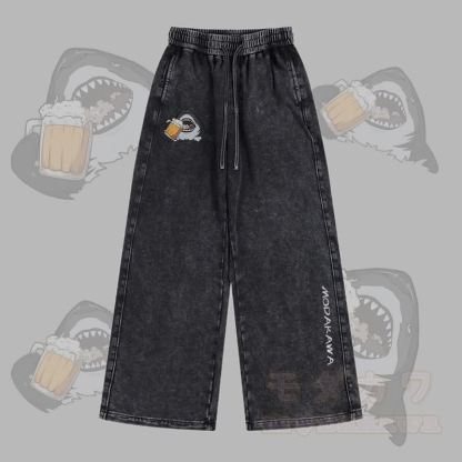 MODAKAWA Hose mit Hai-Bier-Motiv, Vintage-Waschung, verstellbarem Saum - Schwarz - 2XL - image 3