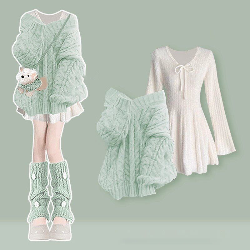Zweiteiliges Set aus süßem V-Ausschnitt-Strickpullover und Kleid - Grünes Top + weißes Kleid - 4XL - image 6