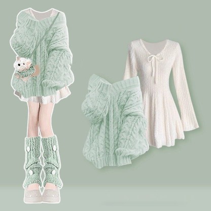 Zweiteiliges Set aus süßem V-Ausschnitt-Strickpullover und Kleid - Grünes Top + weißes Kleid - 4XL - image 6