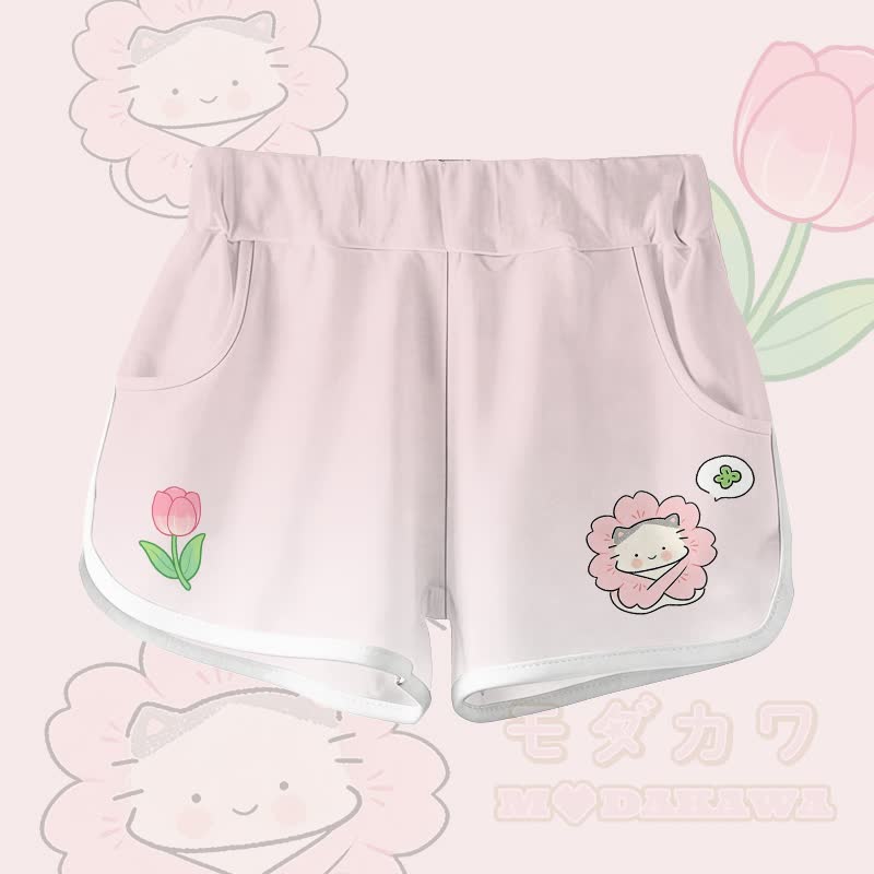 Zweiteiliges Set von Modakawa: T-Shirt aus 100 % Baumwolle mit Blumen-Katzenmotiv und Farbverlauf-Shorts - Hellrosa Shorts - 5XL - image 4