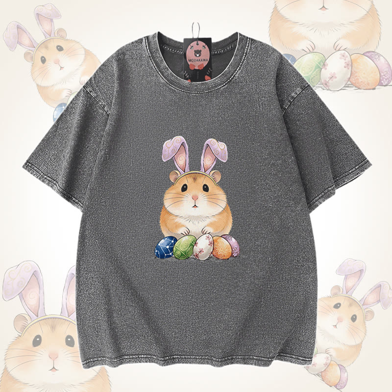 Modakawa Unisex Vintage Washed T-Shirt mit Osterei-Hamster-Motiv - Grey - 5XL - image 6