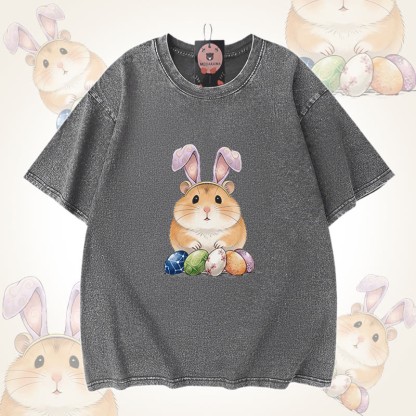 Modakawa Unisex Vintage Washed T-Shirt mit Osterei-Hamster-Motiv - Grey - 5XL - image 6
