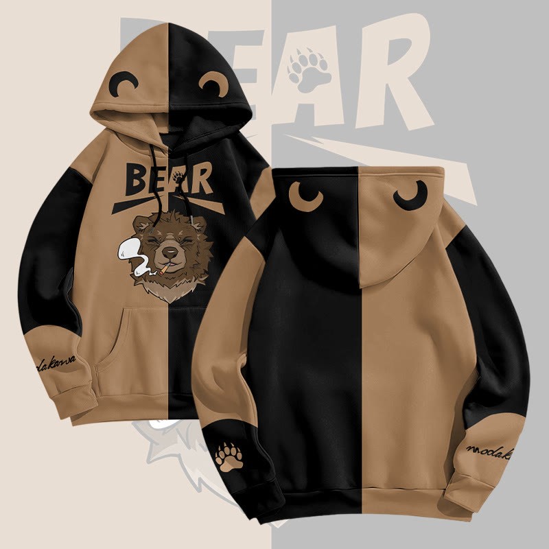 MODAKAWA Pullover-Hoodie mit Raucherbär-Grafik und Allover-Print - Black&Brown - 8XL - image 2