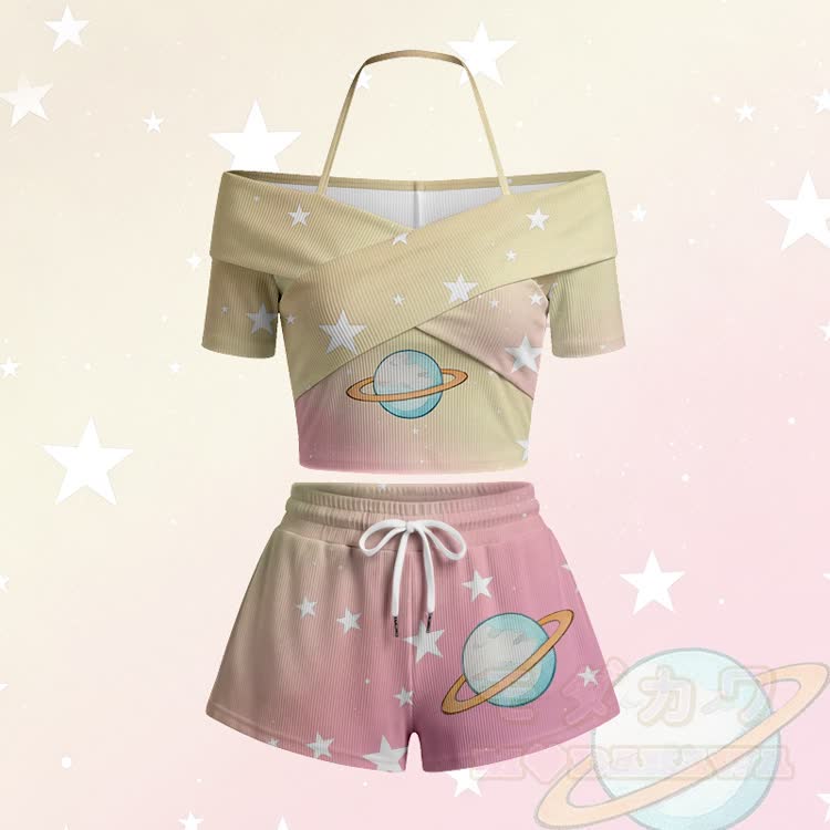 Modakawa Set mit Planetenstern-Print: Off-Shoulder-Top und Shorts mit Farbverlauf - Gelbes Set - 5XL - image 5