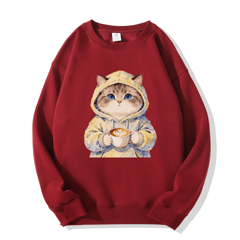 Kapuzenpullover mit Katze und Kaffeegrafik, Rundhalsausschnitt - Wine Red - 5XL - image 3