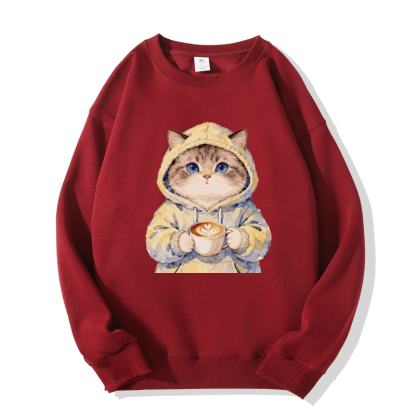Kapuzenpullover mit Katze und Kaffeegrafik, Rundhalsausschnitt - Wine Red - 5XL - image 3