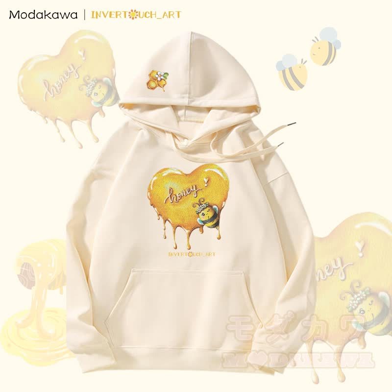 MODAKAWA X INVERTOUCH_ART Hoodie mit Honigbienen-Motiv und Fleece-Futter - Aprikose - 5XL - image 4