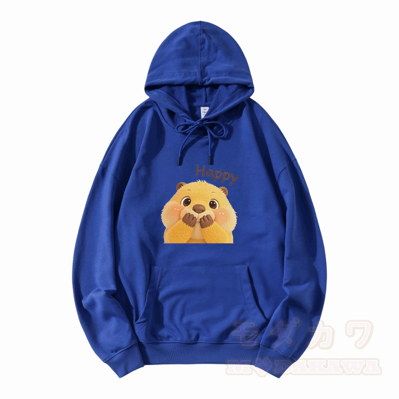 Modakawa Hoodie mit HAPPY Capybara-Modifikationsmotiv und lockerer Passform aus Baumwollmischgewebe - Blau - 5XL - image 7