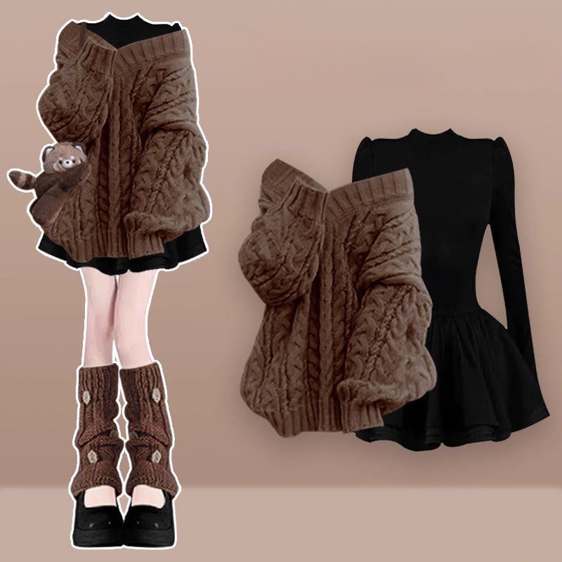 Strickpullover, schwarzes Kleid, passendes Outfit - Brown Set - XL - image 2