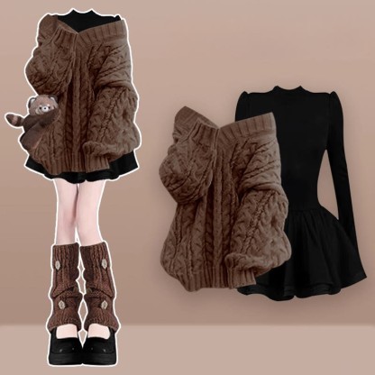 Strickpullover, schwarzes Kleid, passendes Outfit - Brown Set - XL - image 2