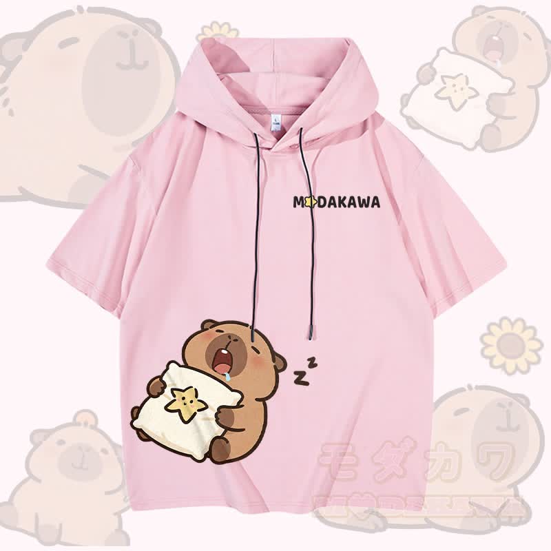 Modakawa Kurzarm-Hoodie mit Sleepy Capybara-Grafik - Rosa - 3XL - image 5