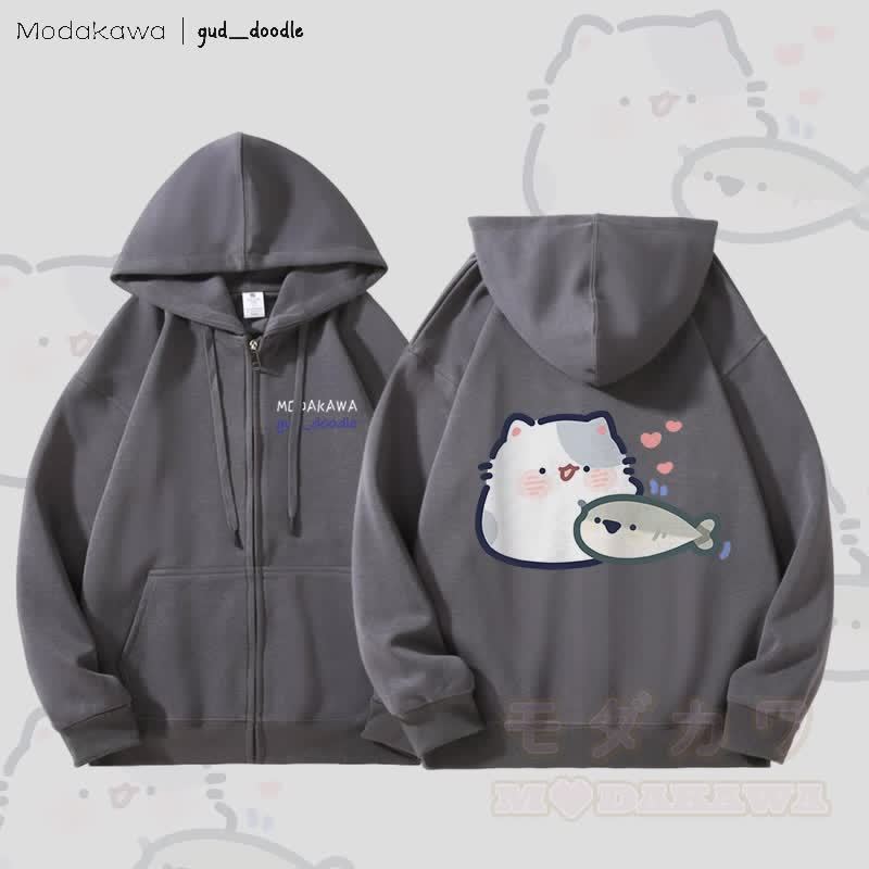 MODAKAWA x gud_doodle Kitty and Fish Graphic Fleece Lined Zip Up Hoodie Sweatshirt - Dunkelgrau - 5XL - image 3