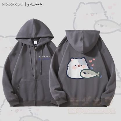 MODAKAWA x gud_doodle Kitty and Fish Graphic Fleece Lined Zip Up Hoodie Sweatshirt - Dunkelgrau - 5XL - image 3