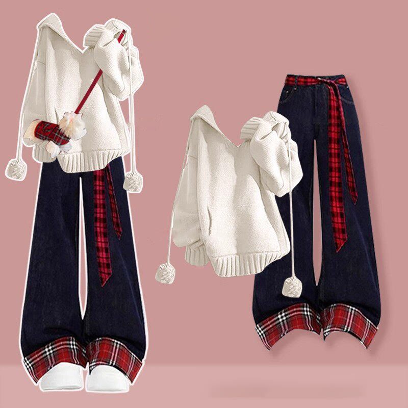 Zweiteiliges Set aus Strickpullover und Jeans im Preppy-Stil - Weißes Oberteil + Hose - 4XL - image 5