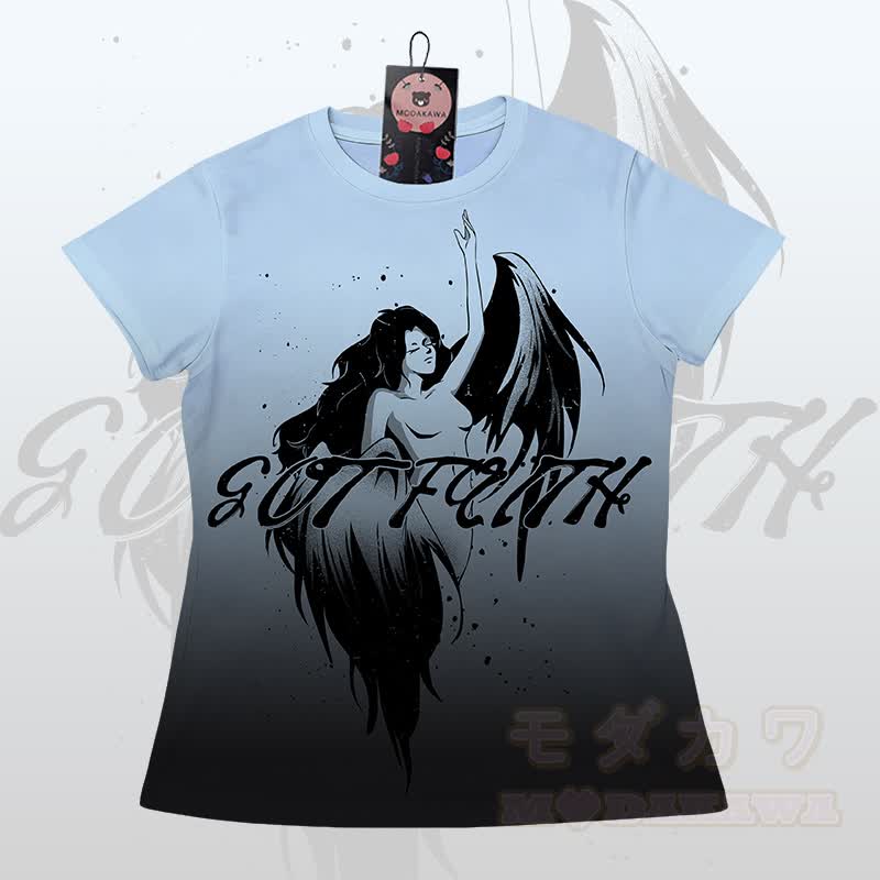EVIL FAITH Angel Graphic Gradient T-Shirt Shorts Modakawa Matching Outfit - Blaues T-Shirt - 5XL - image 4