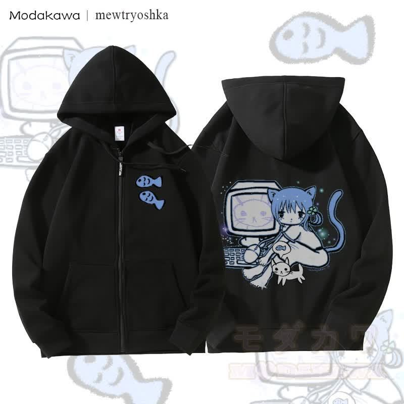 MODAKAWA X mewtryoshka Catgirl Computer Graphic Fleece Lined Zip Up Hoodie Sweatshirt - Schwarz - 5XL - image 3