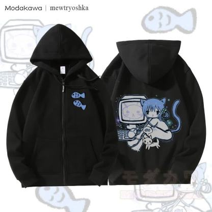MODAKAWA X mewtryoshka Catgirl Computer Graphic Fleece Lined Zip Up Hoodie Sweatshirt - Schwarz - 5XL - image 3
