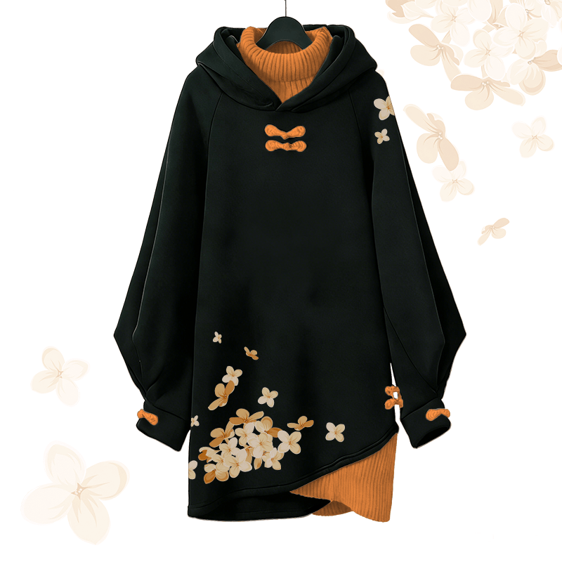 Vintage Kapuzenpullover-Kleid mit Kirschblüten-Grafik, Modakawa-Schnalle - Orange - 3XL - image 2