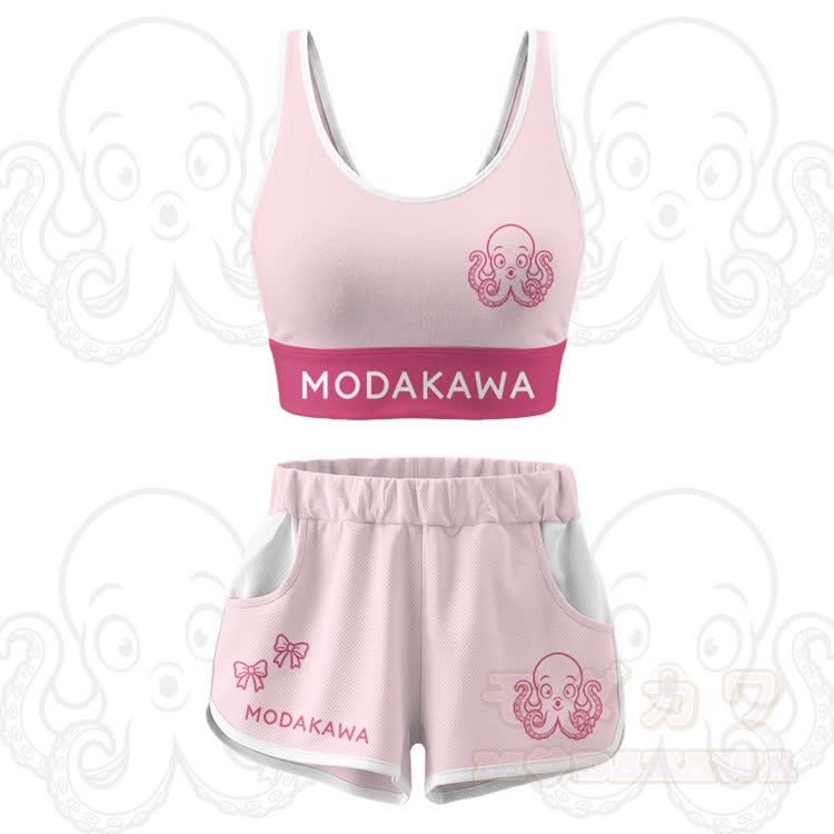 Octopus Graphic Crop Tank Sport Top Shorts Modakawa Matching Outfit - Rosa Set - 5XL - image 16