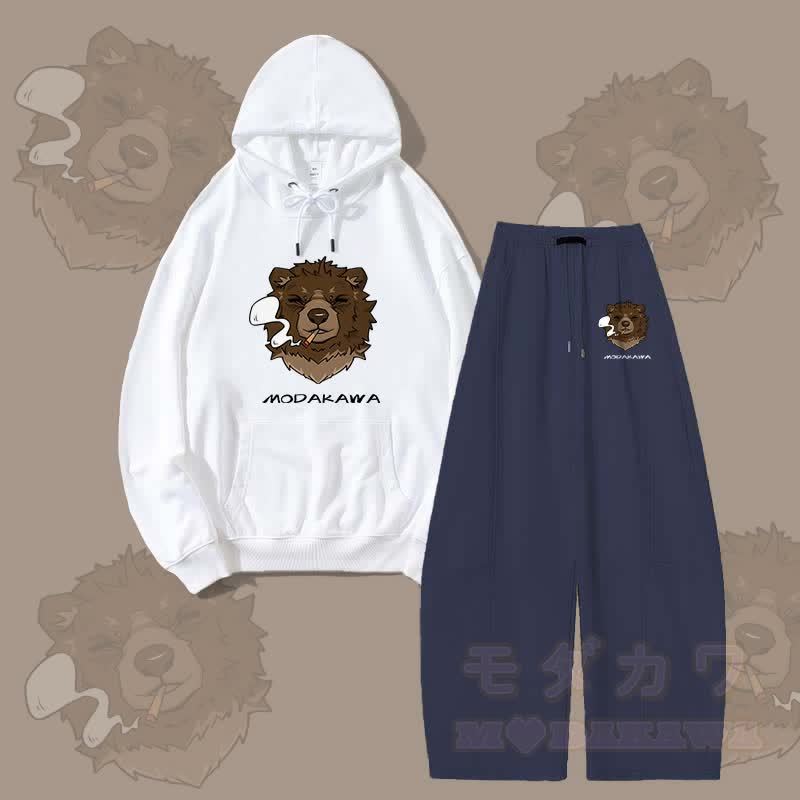 MODAKAWA Smoking Bear Grafik-Hoodie, weite Hose, zweiteiliges Set - Weiß & Lila Blau - 5XL - image 6