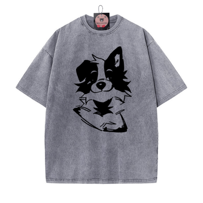 Flauschiges Welpe-Grafik-Unisex-Vintage-Washed-T-Shirt - Grau - 5XL - image 5