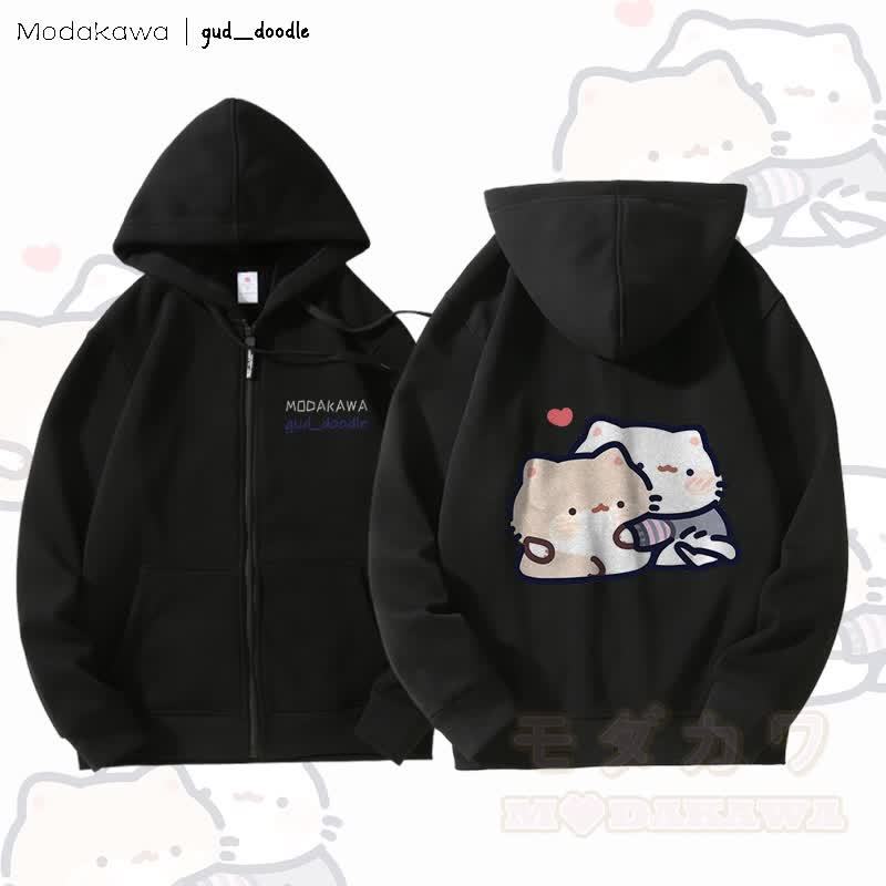 MODAKAWA X gud_doodle Kitty Grafik Fleecegefütterter Kapuzenpullover mit Reißverschluss - Schwarz - 5XL - image 5