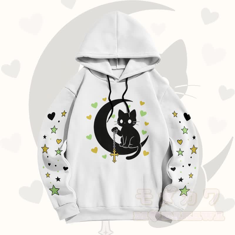 Modakawa Pullover-Hoodie mit Farbverlauf, schwarzer Katze und Mond-Grafik - Weiß B - 6XL - image 10