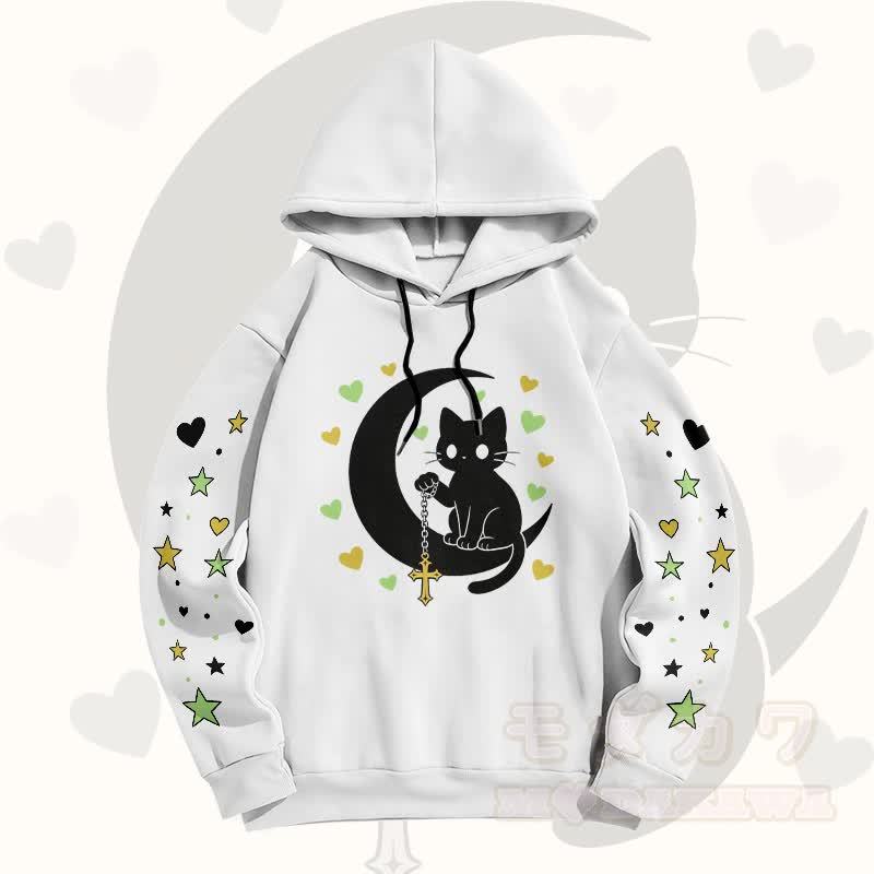 Modakawa Pullover-Hoodie mit Farbverlauf, schwarzer Katze und Mond-Grafik - Weiß B - 6XL - image 10